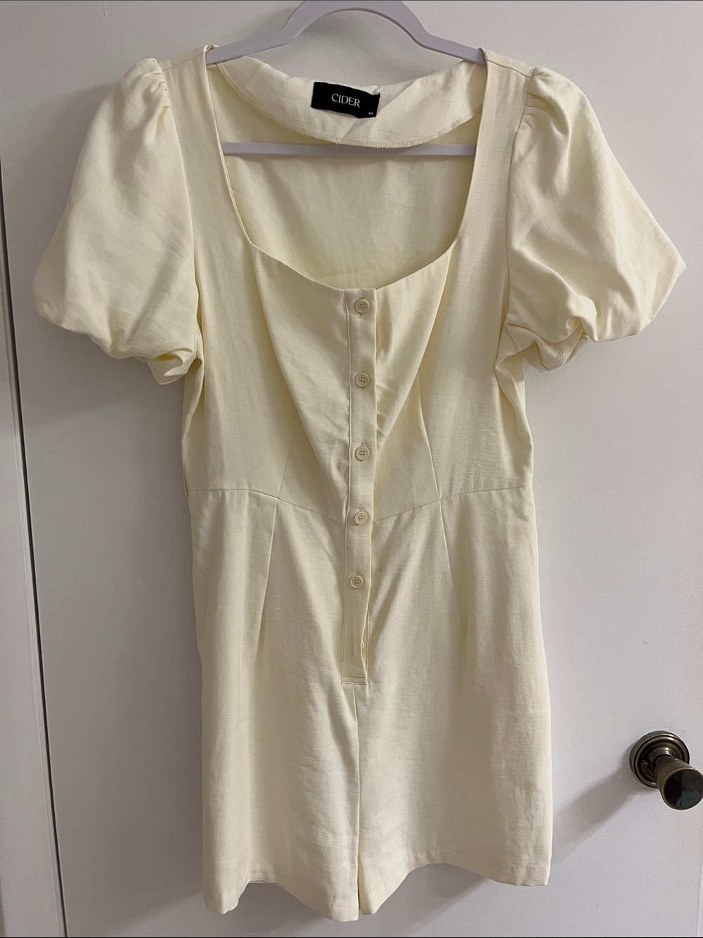 Cider Cream Puff-Sleeve Button Front Romper